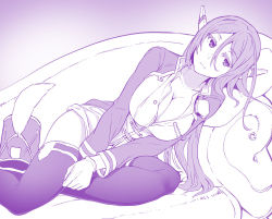 Rule 34 | 1girl, ahoge, arms at sides, bag, between legs, breasts, cleavage, closed mouth, cosmic break, couch, expressionless, hair between eyes, hand between legs, headgear, large breasts, long hair, long sleeves, looking to the side, lying, military, military uniform, monochrome, nebel, on couch, on side, purple theme, solo, thighhighs, tsukinami kousuke, uniform
