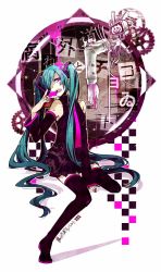 Rule 34 | 1girl, aqua hair, boots, detached sleeves, hair over one eye, hatsune miku, kusare gedou to chokorewito (vocaloid), kusaregedou to chokorewito (vocaloid), long hair, necktie, open mouth, pink eyes, sitting, skirt, solo, thigh boots, thighhighs, twintails, very long hair, vocaloid, lat model (mikumikudance), yosakuh