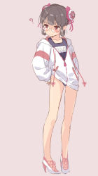 Rule 34 | 1girl, black hair, black one-piece swimsuit, brown background, bun cover, collarbone, commentary, copyright request, double bun, full body, glasses, hair bun, high heels, highres, hood, hood down, hooded jacket, jacket, jigatei (omijin), long legs, long sleeves, looking away, looking to the side, name tag, one-piece swimsuit, puffy long sleeves, puffy sleeves, red eyes, school swimsuit, shoes, simple background, sleeves past wrists, solo, standing, swimsuit, swimsuit under clothes, symbol-only commentary, v-shaped eyebrows, white footwear, white jacket