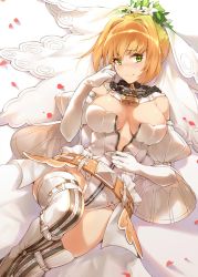 Rule 34 | 10s, 1girl, ahoge, bad id, bad pixiv id, blonde hair, bodysuit, breasts, breasts apart, bridal veil, chain, chain necklace, detached collar, fate/extra, fate/extra ccc, fate (series), from above, full body, garter belt, green eyes, hair bun, hair intakes, hana mori, head tilt, highres, indoors, jewelry, knee up, legs together, leotard, lock, lying, necklace, nero claudius (bride) (fate), nero claudius (bride) (second ascension) (fate), nero claudius (fate), nero claudius (fate) (all), on back, partially unzipped, see-through, single hair bun, solo, thigh strap, thighhighs, thighs, veil, white leotard, white thighhighs