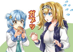 Rule 34 | 2girls, aqua neckwear, black vest, blonde hair, blue eyes, blue hair, blue sailor collar, breasts, commentary request, double bun, eating, flying sweatdrops, food, gambier bay (kancolle), hair bun, hair ornament, ham, kantai collection, large breasts, long sleeves, mayura (lucadia), multiple girls, neckerchief, official alternate costume, sailor collar, samuel b. roberts (kancolle), school uniform, serafuku, shirt, short hair, simple background, sleeve cuffs, star (symbol), star hair ornament, sweater, translation request, twintails, two-tone background, upper body, vest, white background, white shirt, white sweater, yellow eyes