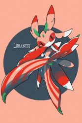 Rule 34 | 10s, amanokiri, bad id, bad pixiv id, character name, creatures (company), game freak, gen 7 pokemon, highres, lurantis, nintendo, no humans, pink background, pokemon, pokemon (creature), pokemon sm, praying mantis, red eyes, simple background, solo