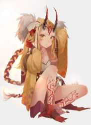 Rule 34 | 1girl, adjusting hair, blonde hair, fate/grand order, fate (series), highres, horns, ibaraki douji (fate), japanese clothes, kimono, legs, long hair, looking at viewer, monster girl, oni, simple background, sitting, slit pupils, tattoo, toenails, white background, yellow eyes