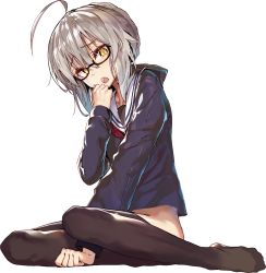 Rule 34 | 1girl, ahoge, akieda, artoria pendragon (fate), between legs, black-framed eyewear, black thighhighs, blonde hair, braid, commentary request, fate/grand order, fate (series), french braid, full body, glasses, hair between eyes, hand between legs, hand to own mouth, looking at viewer, mysterious heroine x alter (fate), mysterious heroine x alter (first ascension) (fate), no pants, no shoes, open mouth, ribbon, school uniform, semi-rimless eyewear, serafuku, short hair, simple background, sitting, smile, solo, thighhighs, under-rim eyewear, white background, yellow eyes