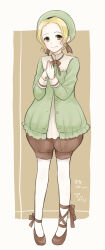 Rule 34 | 1other, ambiguous gender, beret, blonde hair, bow, bowtie, brown background, brown footwear, brown ribbon, brown shorts, cardigan, commentary request, dated, frilled jacket, frills, full body, green cardigan, green hat, hands on own chest, hands up, hat, high collar, highres, hiryuu (kana h), jacket, lace, leggings, looking at viewer, orange gemstone, original, own hands together, puffy shorts, ribbon, shirt, short hair, shorts, signature, simple background, sleeve cuffs, slippers, smile, solo, standing, translation request, white leggings, white shirt, yellow eyes