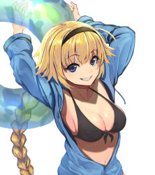 Rule 34 | 1girl, arms up, bikini, black bikini, blonde hair, blue eyes, braid, breasts, fate/grand order, fate (series), front-tie bikini top, front-tie top, grin, headband, highres, holding, innertube, jeanne d&#039;arc (fate), jeanne d&#039;arc (ruler) (fate), jeanne d&#039;arc (swimsuit archer) (fate), jeanne d&#039;arc (swimsuit archer) (first ascension) (fate), large breasts, long hair, looking at viewer, navel, simple background, single braid, smile, solo, sudako (dai011305), sweater, swim ring, swimsuit, unzipped, very long hair, white background