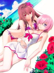 Rule 34 | 2girls, beach, bikini, blush, breasts, circle name, cleavage, closed mouth, dutch angle, fate/grand order, fate (series), female focus, flower, glasses, grin, hair flower, hair ornament, hair over one eye, large breasts, long hair, looking at viewer, lying, mash kyrielight, mash kyrielight (swimsuit of perpetual summer), multiple girls, navel, official alternate costume, outdoors, parted lips, pink hair, red eyes, red flower, red hair, scathach (fate), scathach (fate/grand order), scathach (swimsuit assassin) (fate), shirotsumekusa, short hair, smile, summer, swimsuit, type-moon