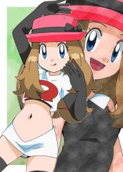 Rule 34 | arm up, black gloves, black thighhighs, cosplay, creatures (company), elbow gloves, game freak, gloves, hainchu, jessie (pokemon), jessie (pokemon) (cosplay), long hair, miniskirt, nintendo, pokemon, pokemon (anime), pokemon xy (anime), serena (pokemon), skirt, solo, team rocket, team rocket (cosplay), team rocket uniform, thighhighs, tongue, tongue out