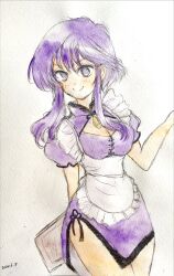 Rule 34 | apron, blush, breasts, cleavage, cleavage cutout, clothing cutout, cowboy shot, earrings, fire emblem, fire emblem: genealogy of the holy war, frilled apron, frills, highres, jewelry, larcei (fire emblem), looking at viewer, maid apron, menu, nintendo, nukunukuhigepen, purple hair, purple tunic, short hair, short sleeves, side slit, sidelocks, smile, tomboy, traditional media, tunic, white background