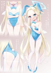 Rule 34 | 1girl, @ @, absurdres, animal ears, ass, bare shoulders, blonde hair, blue archive, blue eyes, blue leotard, blue ribbon, blush, bow, bowtie, breasts, detached collar, fake animal ears, forehead, fukemachi, full body, gluteal fold, hair ribbon, halo, highres, leotard, long hair, looking at viewer, multiple views, open mouth, pantyhose, playboy bunny, rabbit ears, rabbit tail, ribbon, simple background, small breasts, sora (blue archive), strapless, strapless leotard, tail, tears, thighband pantyhose, translation request, very long hair, white pantyhose, wings