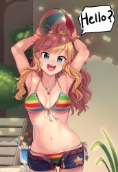 Rule 34 | 10s, 1girl, armpits, arms up, bikini, bikini under clothes, blonde hair, blue eyes, breasts, breasts apart, cocktail umbrella, cowboy shot, cup, drinking glass, english text, front-tie bikini top, front-tie top, hurricane glass, idolmaster, idolmaster cinderella girls, idolmaster cinderella girls starlight stage, jewelry, kamille (vcx68), long hair, looking at viewer, medium breasts, multicolored bikini, multicolored clothes, navel, necklace, ohtsuki yui, open mouth, outdoors, ponytail, short shorts, shorts, side-tie bikini bottom, smile, solo, speech bubble, standing, stomach, striped bikini, striped clothes, swimsuit, wavy hair