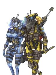 Rule 34 | 1boy, 1girl, anger vein, animification, arm on another&#039;s shoulder, breasts, cable, crossed legs, glowing, grey scarf, gun, highres, holding, holding knife, humanoid robot, knife, kotone a, kraber, medium breasts, open hand, phase shift pilot (titanfall 2), pilot (titanfall 2), pouch, reverse grip, rifle, robot, scarf, science fiction, simulacrum (titanfall), sniper rifle, stim pilot (titanfall 2), titanfall (series), titanfall 2, weapon, weapon on back