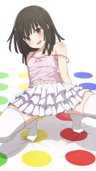 Rule 34 | 1girl, arm support, arms behind back, black hair, blush, breasts, brown eyes, camisole, camui1104, frilled skirt, frills, highres, leaning back, miniskirt, monogatari (series), navel, no shoes, open mouth, pink camisole, pleated skirt, sengoku nadeko, short hair, skirt, small breasts, smile, solo, spread legs, squatting, strap slip, thighhighs, thighs, twister, white skirt, white thighhighs