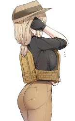 Rule 34 | 1girl, ass, black shirt, blonde hair, breast press, breasts, commentary, english commentary, fingerless gloves, gloves, hand in own hair, hat, highres, k0ng, large breasts, long hair, looking away, low ponytail, pants, bulletproof vest, shirt, short sleeves, simple background, stalker (game), tight clothes, tight pants, white background