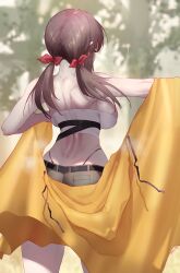 Rule 34 | 1girl, absurdres, back, bird, breasts, brown shorts, cloak, eonsang, falcon, falcon (girls&#039; frontline), from behind, girls&#039; frontline, girls&#039; frontline neural cloud, hair ribbon, highres, hood, hooded cloak, large breasts, panty straps, red ribbon, ribbon, shorts, sideboob, solo, steaming body, strapless, sweat, tube top, white tube top, yellow cloak