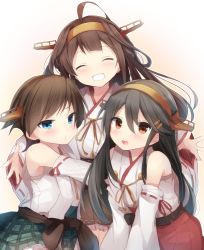 Rule 34 | 10s, 3girls, ahoge, bare shoulders, black hair, blue eyes, blush, brown hair, brown skirt, closed eyes, closed mouth, detached sleeves, eyebrows, gradient background, hair between eyes, haruna (kancolle), headgear, hiei (kancolle), hiiragi souren, kantai collection, kongou (kancolle), long hair, long sleeves, looking at viewer, multicolored background, multiple girls, nontraditional miko, open mouth, orange eyes, plaid, plaid skirt, pout, red skirt, short hair, skirt, sleeveless, smile, two-tone background