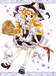 Rule 34 | 1girl, apron, arm up, black dress, blonde hair, blush, braid, broom, dress, female focus, hat, hat ribbon, kirisame marisa, long hair, mary janes, memeo (candy house), open mouth, red eyes, ribbon, shoes, smile, solo, touhou, traditional media, witch, witch hat