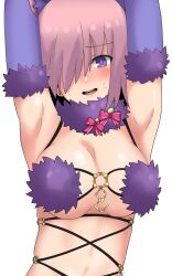 Rule 34 | 1girl, absurdres, animal ears, armpits, arms up, blush, breasts, cleavage, fate/grand order, fate (series), female focus, fluffy collar, highres, looking at viewer, mash kyrielight, mash kyrielight (dangerous beast), maz515, medium breasts, purple eyes, purple hair, short hair, smile, solo, stomach, white background