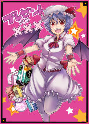 Rule 34 | 1girl, :d, ashita (2010), bad id, bad pixiv id, bat wings, blue hair, blush, box, dress, fang, female focus, gift, hat, open mouth, outstretched hand, pink background, red eyes, remilia scarlet, short hair, smile, solo, touhou, wings, wrist cuffs