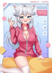 Rule 34 | 1girl, absurdres, animal ear fluff, animal ears, antenna hair, blue eyes, blush, breasts, cat ears, character name, cleavage, commentary, commission, english commentary, english text, fangs, ferdian (wanieunz028), highres, large breasts, long hair, looking at viewer, medibang paint (medium), ok sign, open mouth, pink sweater, sweater, thighhighs, vei (vtuber), vei (vtuber) (1st costume), virtual youtuber, vshojo, white hair, white thighhighs