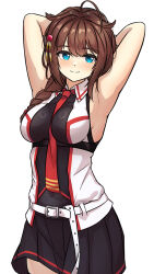 1girl armpits arms_behind_head arthur_ko bare_shoulders between_breasts black_skirt blue_eyes blush braid breasts brown_hair collared_shirt covered_navel hair_ornament hairpin highres kantai_collection long_hair looking_at_viewer medium_breasts miniskirt necktie necktie_between_breasts pleated_skirt red_necktie shigure_(kancolle) shigure_kai_san_(kancolle) shirt single_braid skin_tight skirt sleeveless sleeveless_shirt smile solo standing