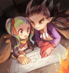 Rule 34 | 1boy, 1girl, antenna hair, blanket, blueprint (object), bone necklace, brown hair, commentary request, dark-skinned male, dark skin, dragon quest, dragon quest builders 2, female builder (dqb2), fire, gloves, green eyes, green hair, hair pulled back, hair ribbon, hotaro (bread fusa), jewelry, low ponytail, lying, neckerchief, necklace, on stomach, open clothes, open mouth, open shirt, pointy ears, purple shirt, red eyes, red gloves, red ribbon, ribbon, shirt, sidoh (dqb2), smirk, spiked hair, tooth necklace, twintails, under covers, yellow gloves, yellow neckerchief