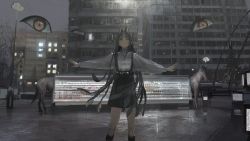 Rule 34 | 1girl, animal ears, black hair, building, disembodied eye, highres, horse, long hair, looking at viewer, original, outdoors, outstretched arms, paindude, red eyes, shirt, skirt, solo, spread arms, standing, white shirt