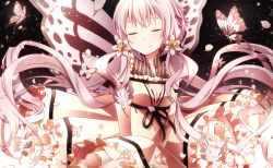 Rule 34 | 1girl, breasts, bug, butterfly, butterfly wings, cleavage, cleavage cutout, closed eyes, clothing cutout, dress, flower, frilled dress, frills, hair flower, hair ornament, highres, insect, insect wings, long hair, petals, purple hair, smile, solo, twintails, v arms, vocaloid, voiceroid, wings, yamagara, yuzuki yukari