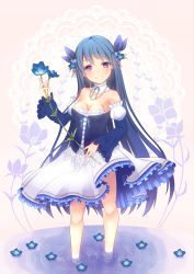 Rule 34 | 1girl, bad id, bad pixiv id, bare shoulders, blue hair, blush, breasts, cleavage, detached collar, detached sleeves, dress, flower, hair flower, hair ornament, highres, jewelry, long hair, medium breasts, necklace, original, pearl necklace, purple eyes, smile, solo, standing, strapless, strapless dress, tsukishiro kouya, very long hair, wading