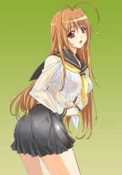 Rule 34 | 1girl, :d, antenna hair, ass, between breasts, blush, bra, breasts, brown hair, from behind, highres, kuroda kazuya, large breasts, lingerie, long hair, looking back, nail polish, non-web source, open mouth, original, panties, pink nails, red eyes, scan, school uniform, see-through, serafuku, shirt, simple background, skirt, smile, solo, standing, twisted torso, underwear, very long hair, wet, wet clothes, wet hair, wet shirt, white bra, white panties, wringing clothes