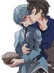 Rule 34 | 2boys, arm around waist, basket, blue shirt, blush, boar, brown hair, closed eyes, commentary request, earrings, egg, feather earrings, feathers, flustered, grey hair, holding, holding basket, hug, hug from behind, jewelry, kiss, kissing cheek, male focus, mikleo (tales), multiple boys, nezumi 0141, purple eyes, shirt, short hair, sketch, sorey (tales), sweat, swept bangs, tales of (series), tales of zestiria, upper body, wavy mouth, white background, yaoi