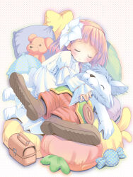 Rule 34 | 1girl, absurdres, blonde hair, blunt bangs, brown bag, candy-shaped pillow, carrot-shaped pillow, closed eyes, closed mouth, dress, flower, frilled dress, frills, hair flower, hair ornament, hairband, highres, light blush, long sleeves, original, pillow, polka dot, polka dot pillow, pop (electromagneticwave), puffy long sleeves, puffy sleeves, red hairband, short hair, sleeping, sleeves past wrists, solo, star-shaped pillow, stuffed animal, stuffed toy, stuffed wolf, white dress, white flower, white footwear