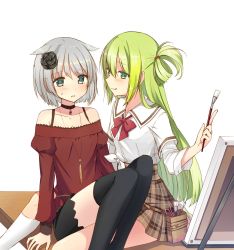 Rule 34 | 2girls, alina gray, aqua eyes, azusa mifuyu, bad id, bad pixiv id, belt pouch, black shorts, blunt ends, blush, bow, bowtie, breasts, brown skirt, buttons, canvas (object), choker, flower, green hair, grey hair, hair between eyes, hair flower, hair ornament, hair rings, highres, holding, holding paintbrush, kyabechi, layered sleeves, long hair, long sleeves, loose bowtie, loose socks, magia record: mahou shoujo madoka magica gaiden, mahou shoujo madoka magica, miniskirt, multicolored hair, multiple girls, open mouth, paint stains, paintbrush, plaid, plaid skirt, pouch, rag, red bow, red bowtie, red wristband, sakae general school uniform, school uniform, shirt, short hair, short over long sleeves, short sleeves, shorts, side-tie shirt, sidelocks, skirt, sleeve cuffs, sleeves rolled up, small breasts, smile, socks, straight hair, streaked hair, thighhighs, very long hair, white shirt, white socks, wing collar, wristband