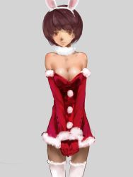 Rule 34 | 1girl, animal ears, bare shoulders, bob cut, breasts, brown hair, cleavage, detached sleeves, dress, fur, fur collar, fur trim, gloves, highres, original, own hands together, pantyhose, rabbit ears, red dress, red eyes, red gloves, red skirt, ryuukeichi andromeda, santa costume, short dress, short hair, simple background, sketch, skirt, solo, strapless, strapless dress, thighhighs, white thighhighs