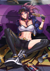 Rule 34 | 1girl, abs, akali, asymmetrical legwear, bangle, baseball cap, black thighhighs, blue eyes, bracelet, breasts, car, choker, cropped jacket, earrings, fingerless gloves, full body, gloves, gonster, hat, highres, holding, holding weapon, jacket, jewelry, k/da (league of legends), k/da akali, kunai, league of legends, long sleeves, looking at viewer, medium breasts, midriff, motor vehicle, navel, purple hair, shoes, sneakers, solo, spray can, spread legs, strapless, thighhighs, tube top, uneven legwear, weapon