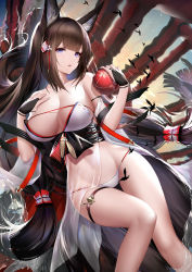 Rule 34 | 1girl, amagi (azur lane), amagi (wending waters serene lotus) (azur lane), an yasuri, animal ears, azur lane, bare shoulders, bikini, blunt bangs, breasts, brown hair, cleavage, collarbone, commentary request, detached sleeves, fox ears, fox tail, groin, hair ornament, hands up, highres, holding, large breasts, long hair, looking at viewer, lying, navel, obi, on back, parted lips, purple eyes, reflection, revision, sash, see-through, short eyebrows, solo, stomach, string bikini, swimsuit, tail, thigh strap, thighs, torii, very long hair, water, white bikini