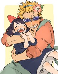 Rule 34 | 1boy, 1girl, age difference, aged down, baby 5, bad id, bad pixiv id, black hair, blonde hair, blue-tinted eyewear, border, bow, child, closed eyes, donquixote doflamingo, donquixote pirates, earrings, flower, hair flower, hair ornament, happy, hug, jewelry, laughing, looking at viewer, one piece, outside border, red bow, short hair, smile, sunglasses, tinted eyewear, toro sarmon235, white-framed eyewear, white border