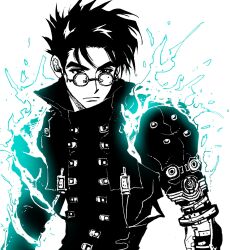 Rule 34 | 1boy, closed mouth, glasses, greyscale, highres, jacket, looking at viewer, male focus, monochrome, my nameisyoon, prosthesis, prosthetic arm, round eyewear, short hair, simple background, solo, spot color, trigun, upper body, vash the stampede, white background