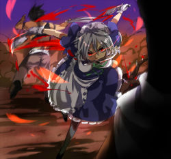Rule 34 | 1girl, action, battle, blood, braid, female focus, gloves, izayoi sakuya, knife, maid, mouth hold, red eyes, running, shirow (crazy), shirow (pixiv), short hair, silver hair, solo, throwing knife, touhou, triple wielding, twin braids, weapon
