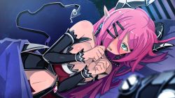 Rule 34 | 1girl, absurdres, ashmedia, bed sheet, blush, breasts, demon girl, game cg, green eyes, highres, horns, long hair, looking at viewer, lying, makai shin trillion, nanameda kei, official art, on bed, on side, pink hair, pointy ears, solo, tears