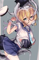 Rule 34 | 1girl, abyssal ship, blonde hair, blue neckerchief, blue sailor collar, blue skirt, blush, closed mouth, cowboy shot, enemy naval mine (kancolle), grey eyes, hair between eyes, hat, highres, i-8 (kancolle), kantai collection, long hair, neckerchief, pleated skirt, sailor collar, school uniform, serafuku, short sleeves, skirt, solo, tentacles, thighhighs, uut, white hat, white thighhighs