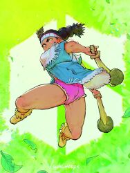 Rule 34 | 1girl, black hair, blue tunic, boots, brown eyes, bunching hair, club (weapon), commentary, cutoffs, dark-skinned female, dark skin, denim, denim shorts, dual wielding, english commentary, full body, green background, headband, highres, holding, holding club, holding weapon, incoming attack, jumping, leather, leather boots, lily hawk, medium hair, moccasins, native american clothes, pink shorts, pogamoggan, poncho, quasimodox, short shorts, shorts, solo, street fighter, street fighter 6, tassel, thick thighs, thighs, toned, twintails, weapon