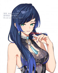 Rule 34 | 1girl, alternate hair length, alternate hairstyle, blue hair, breasts, dated, dice, earrings, genshin impact, gradient hair, green eyes, highres, jewelry, long hair, looking at viewer, medium breasts, mole, mole on breast, multicolored hair, nail polish, ojo aa, parted lips, purple nails, signature, simple background, sleeveless, solo, tassel, upper body, watermark, white background, yelan (genshin impact)