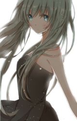 Rule 34 | 1girl, back, backlighting, bad id, bad pixiv id, bare arms, bare shoulders, black dress, blue eyes, dress, hatsune miku, hiro (hirohiro31), long hair, silver hair, solo, strapless, strapless dress, twintails, very long hair, vocaloid