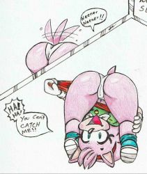 Rule 34 | amy rose, ass, bent over, blue footwear, furry, furry female, green shirt, highres, orange skirt, pink fur, sega, shirt, short tail, skirt, sonic (series), sonic cd, sonic the hedgehog (classic), tail, tail wagging, taunting, vampiricpig