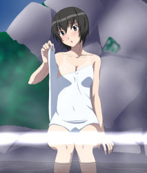 Rule 34 | 1girl, :o, amagami, arm support, bare shoulders, black eyes, black hair, blush, breasts, censored, cleavage, convenient censoring, head tilt, knees together feet apart, looking at viewer, naked towel, nanasaki ai, one-piece tan, open mouth, outdoors, short hair, sitting, soaking feet, solo, steam, steam censor, tan, tanline, towel, water, yoshida keiji