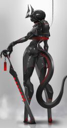 Rule 34 | 1girl, ass, breasts, chain, echanis enicha, from behind, full body, highres, horns, humanoid robot, large breasts, original, robot, solo, standing, tail, weapon request