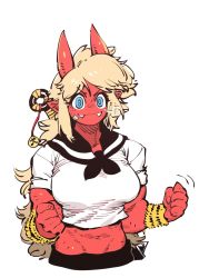 Rule 34 | 1girl, bandaid, bandaid on cheek, bandaid on face, black sailor collar, blonde hair, blue eyes, borrowed character, breath, clenched hands, closed mouth, colored skin, fangs, fangs out, hands up, highres, horns, long hair, looking at viewer, muscular, muscular female, oni (rariatto), original, pointy ears, red skin, ringed eyes, sailor collar, school uniform, serafuku, shirt, simple background, smile, solo, ssambatea, white background, white shirt, wide-eyed, wristband