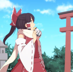 Rule 34 | 1girl, adapted costume, blue sky, bow, brown eyes, brown hair, cloud, day, detached sleeves, eating, food, hair bow, hair tubes, hakurei reimu, leon (mikiri hassha), long hair, long sleeves, nontraditional miko, open mouth, ponytail, ribbon-trimmed sleeves, ribbon trim, scarf, shirt, skirt, skirt set, sky, solo, sweet potato, torii, touhou, wide sleeves