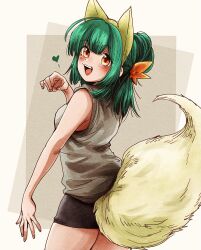Rule 34 | 1girl, :3, ahoge, alternate costume, animal ears, armpit crease, black shorts, blush, brown background, brown tank top, commentary request, cowboy shot, fake animal ears, green hair, hairband, hand up, heart, highres, long hair, looking at viewer, looking back, multicolored background, natsu tuna, open mouth, orange eyes, ponytail, short shorts, shorts, smile, solo, tail, tank top, touhoku zunko, voiceroid, white background, yellow hairband